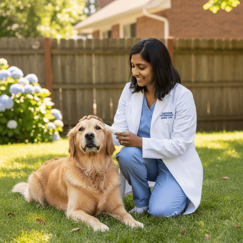 Mobile veterinary professional with animal