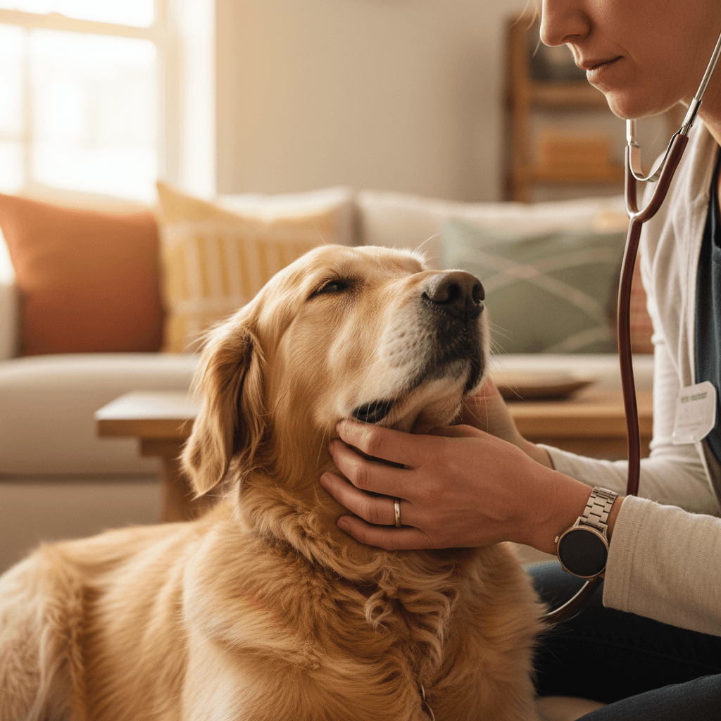 Veterinarian examining dog at home