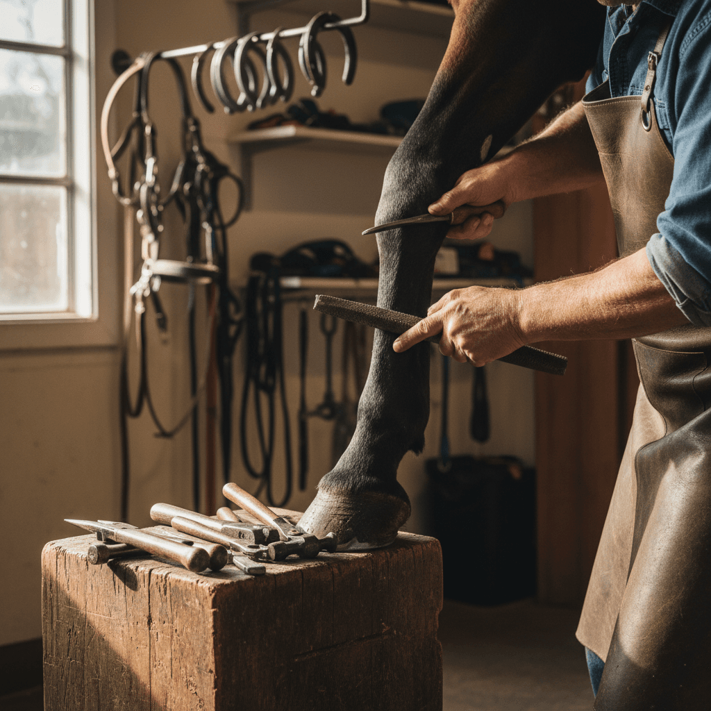 Experienced trainer's hands performing detailed leg and hoof care work on thoroughbred trotter with professional tools and focused attention
